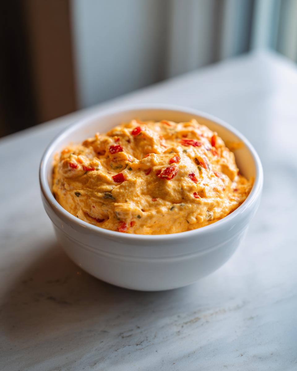 A close-up of creamy, orange cottage cheese queso mixed with diced red peppers in a white serving bowl.