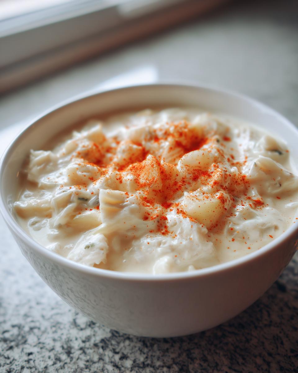 Close-up of a white bowl filled with creamy crab soup, topped with paprika.