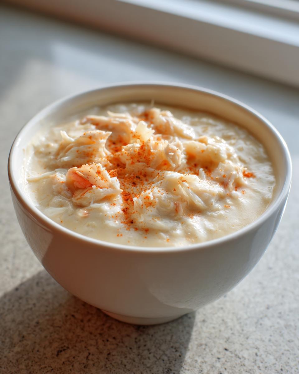 A white bowl filled with creamy crab soup, topped generously with shredded crab meat and a sprinkle of paprika.