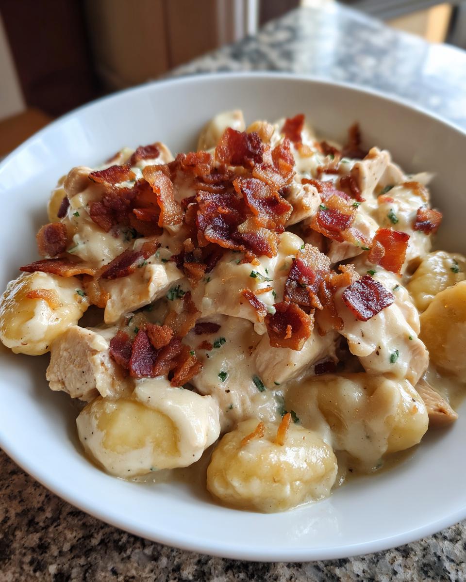 Close-up of a white bowl filled with creamy crack chicken gnocchi topped generously with crispy bacon bits.