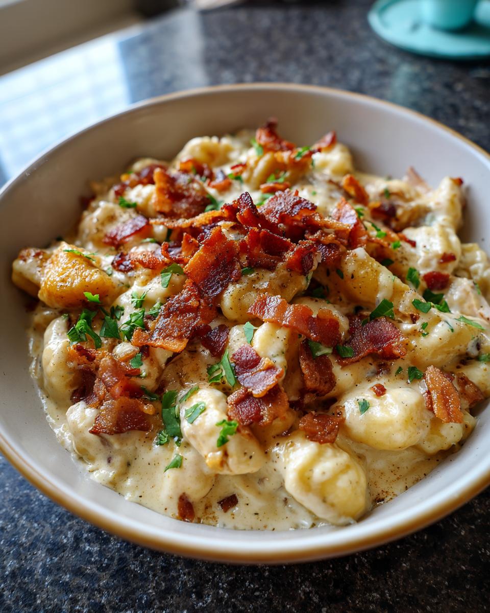 A close-up of creamy crack chicken gnocchi topped generously with crispy bacon crumbles and fresh parsley.