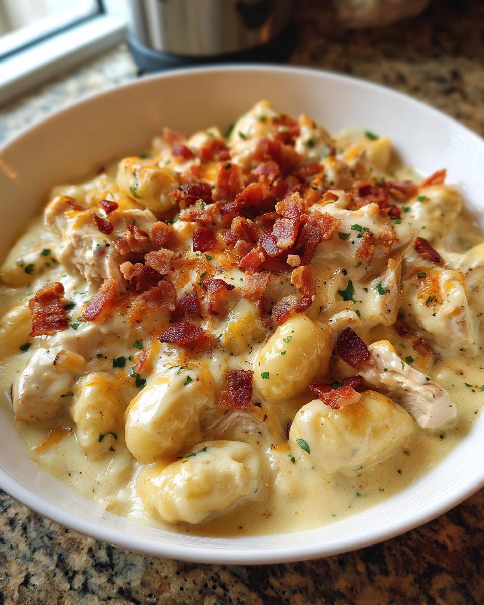 A close-up bowl of creamy crack chicken gnocchi topped generously with crumbled bacon and parsley.