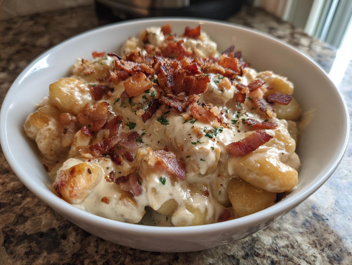 A white bowl filled with creamy crack chicken gnocchi topped generously with crispy bacon bits and parsley.