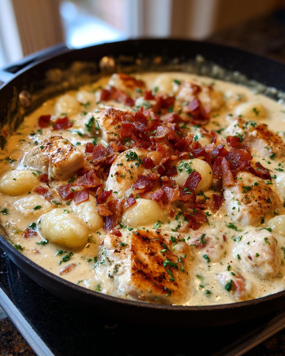 Close-up of creamy crack chicken gnocchi in a black skillet, topped generously with crumbled bacon and parsley.