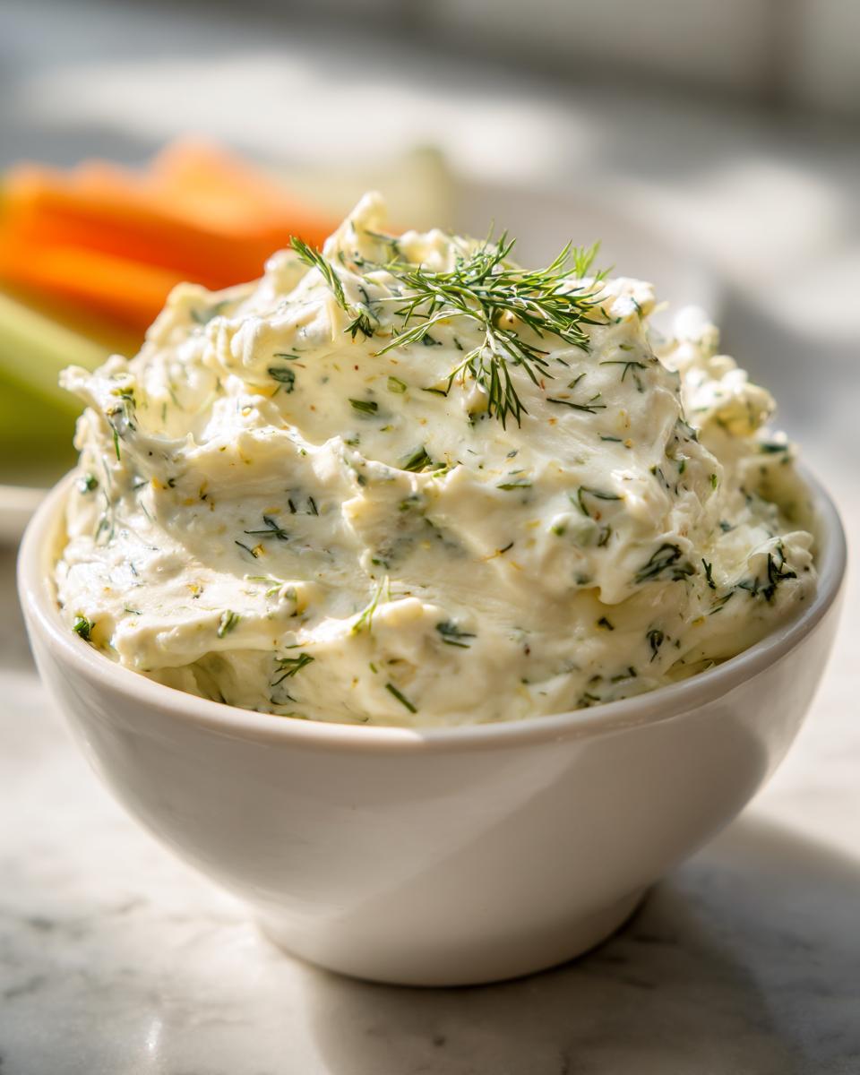 A white bowl filled with creamy dill pickle dip, garnished with fresh dill sprigs, with vegetable dippers blurred in the background.