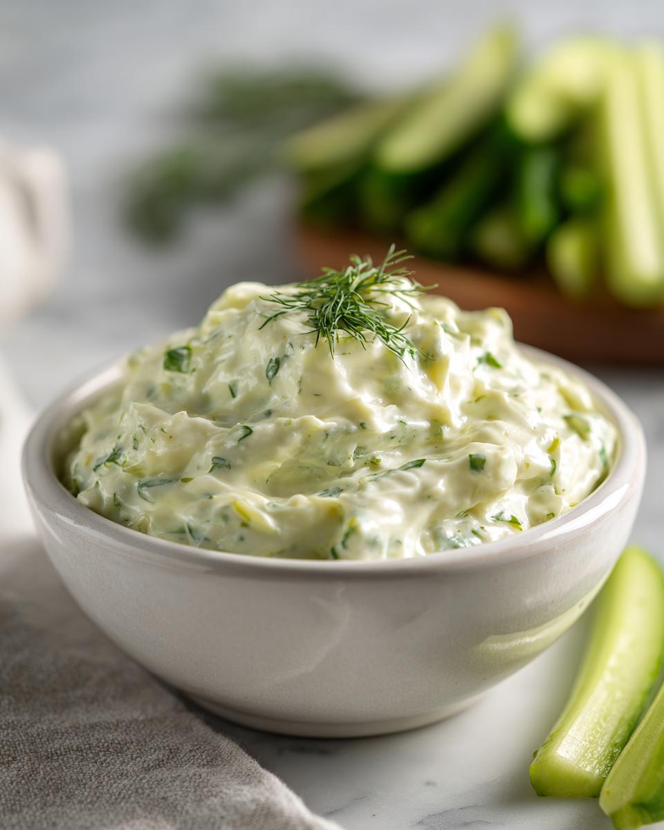 A creamy bowl of homemade dill pickle dip garnished with fresh dill, served next to cucumber sticks.