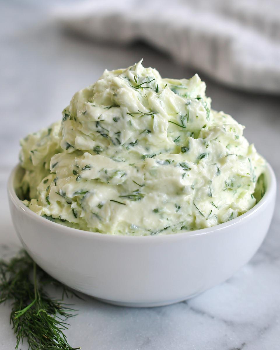 A close-up of creamy, light green dill pickle dip topped with fresh dill, served in a white bowl.