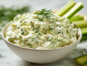 A creamy, chunky dill pickle dip garnished with fresh dill, served in a white bowl with celery sticks ready for dipping.