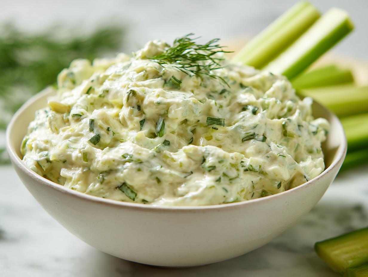 A creamy, chunky dill pickle dip garnished with fresh dill, served in a white bowl with celery sticks ready for dipping.