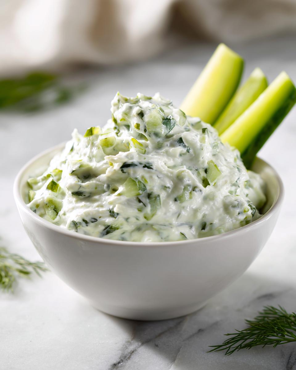 A white bowl filled with creamy dill pickle dip, garnished with cucumber sticks for dipping.