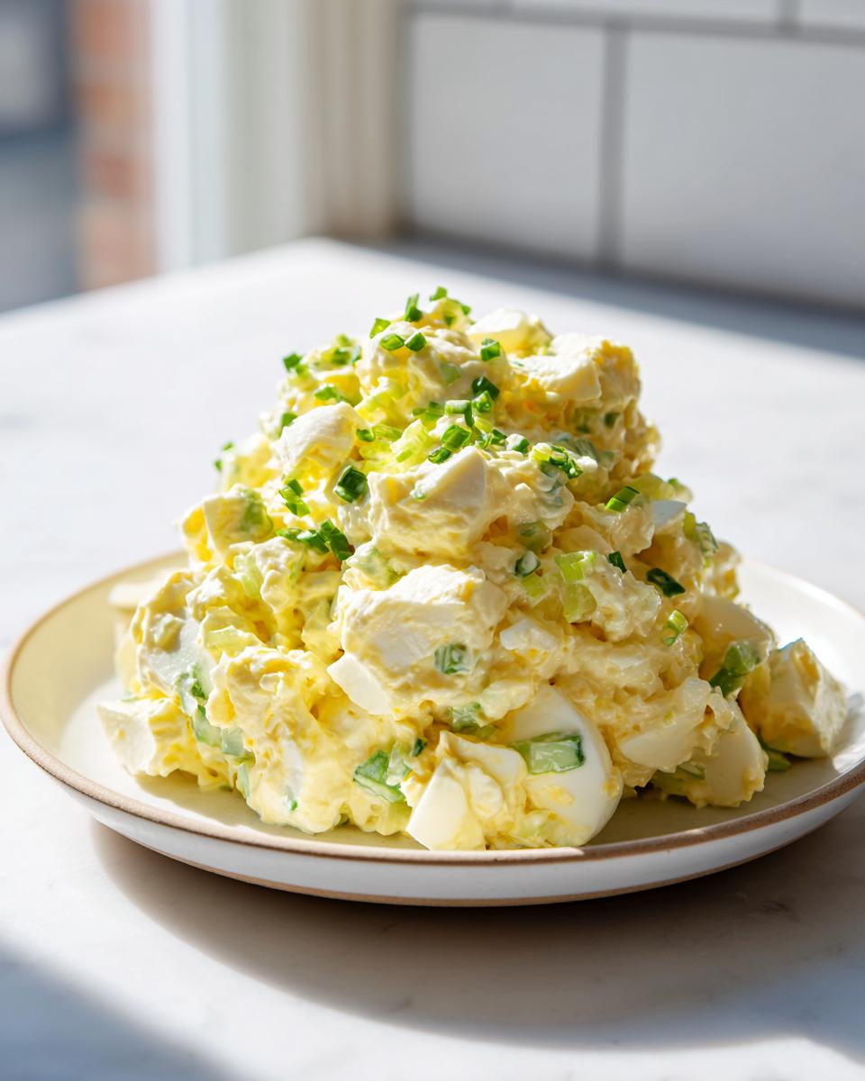 A generous mound of creamy egg salad recipe, featuring large chunks of egg and topped with fresh chopped chives.