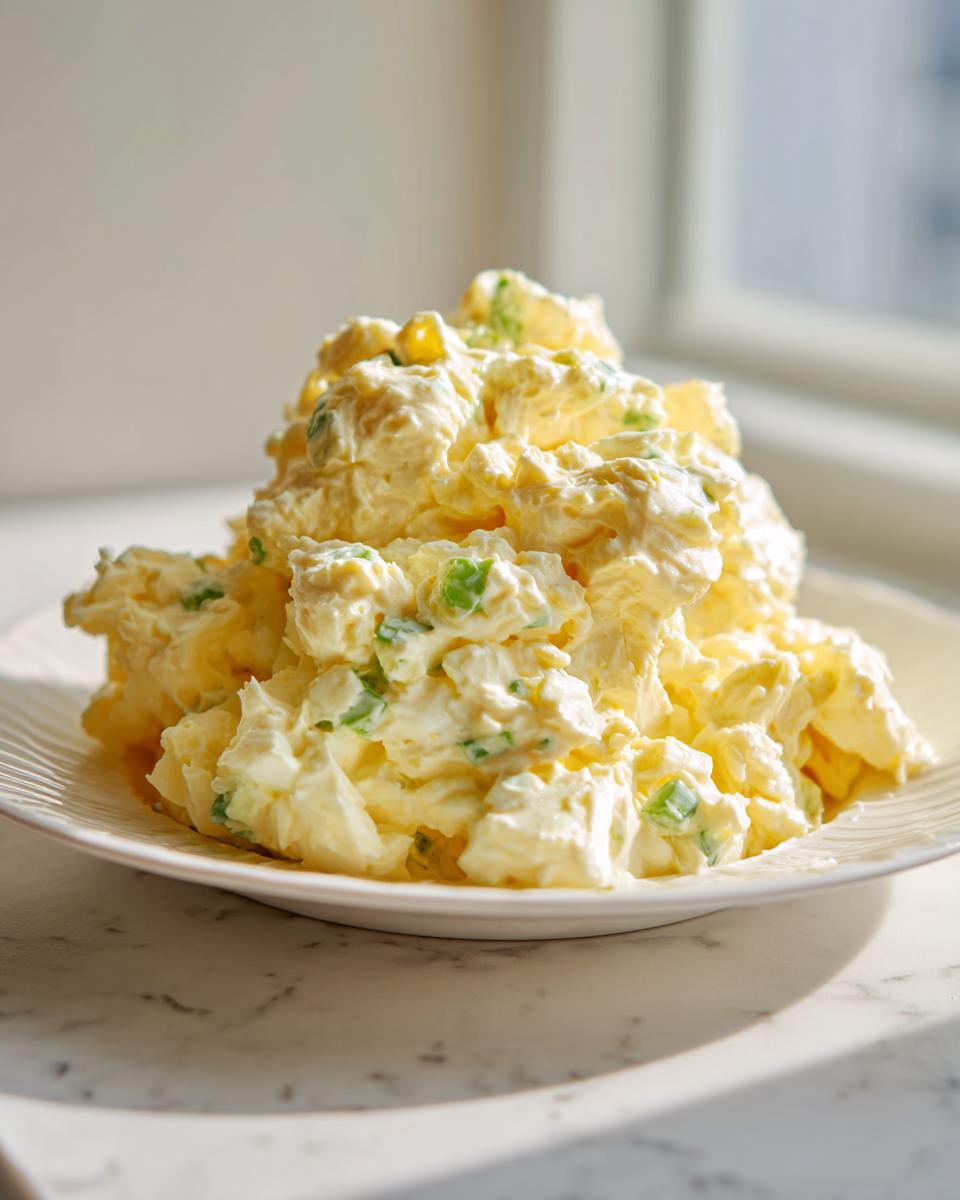 A generous mound of creamy, yellow egg salad recipe mixed with chopped green onions, served on a white plate.