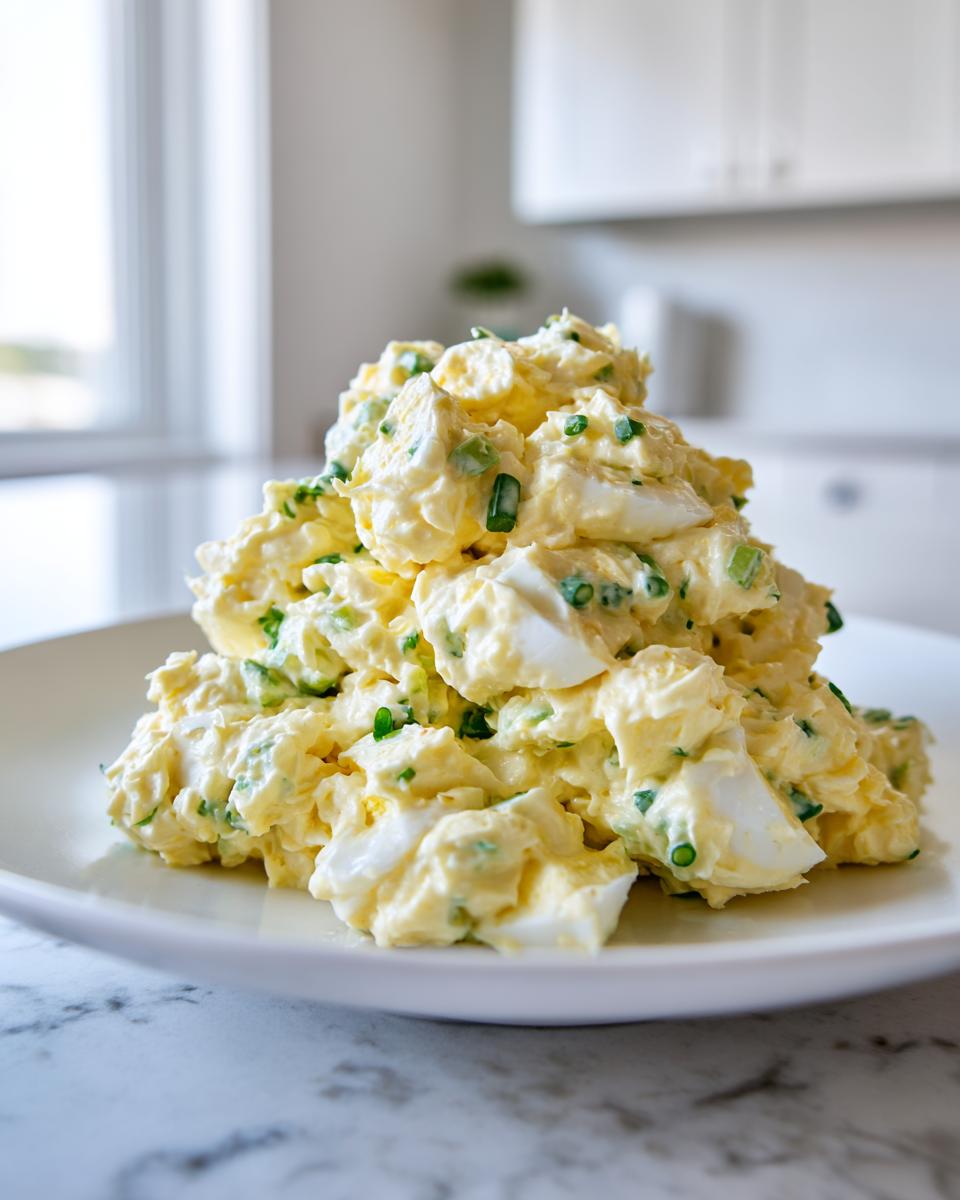 A generous mound of creamy egg salad recipe mixed with chopped green onions served on a white plate.