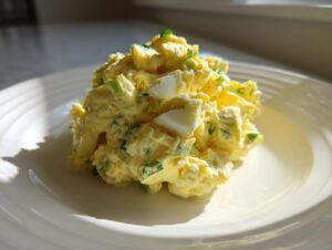 A mound of creamy, yellow egg salad recipe mixed with chopped green onions, served on a white plate.