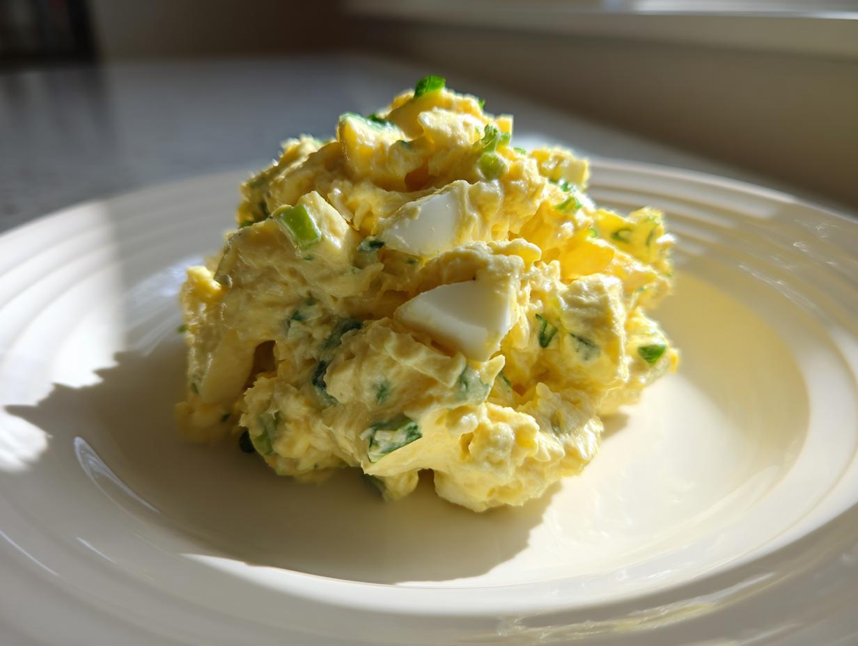A mound of creamy, yellow egg salad recipe mixed with chopped green onions, served on a white plate.