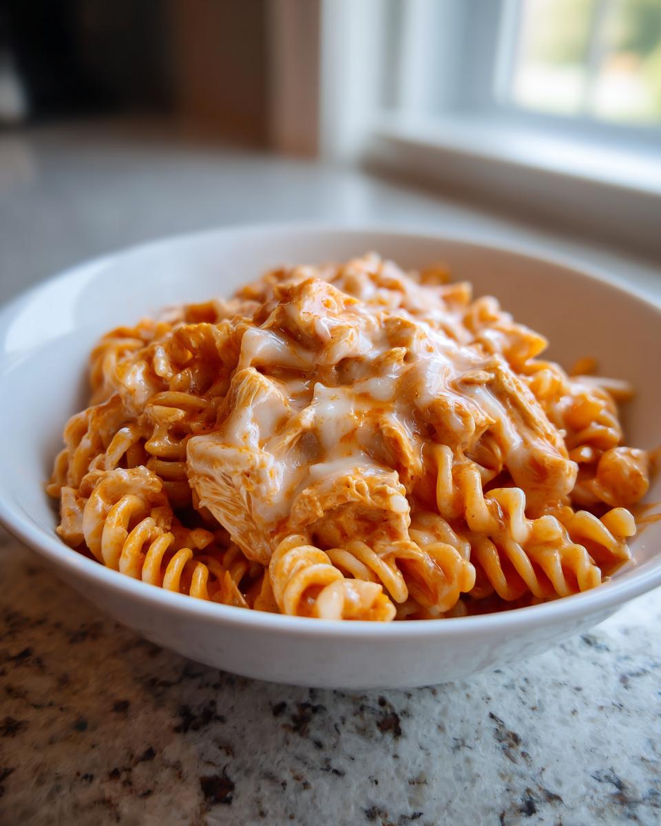 Close-up of a white bowl filled with creamy, orange-sauced enchilada pasta and shredded chicken, topped with melted white cheese.