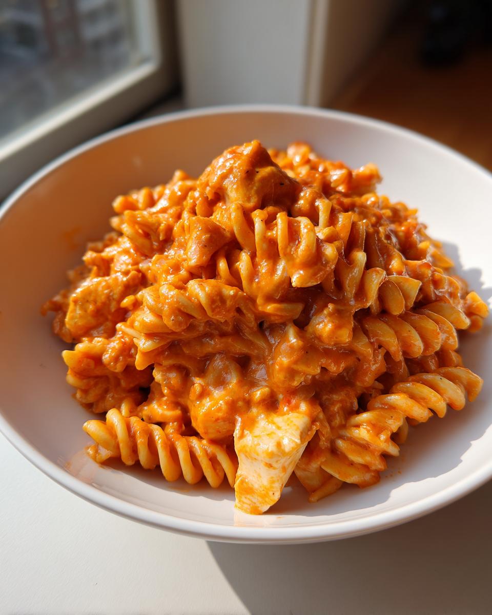 A close-up of creamy rotini pasta coated in a rich, orange enchilada pasta sauce with visible chunks of chicken.
