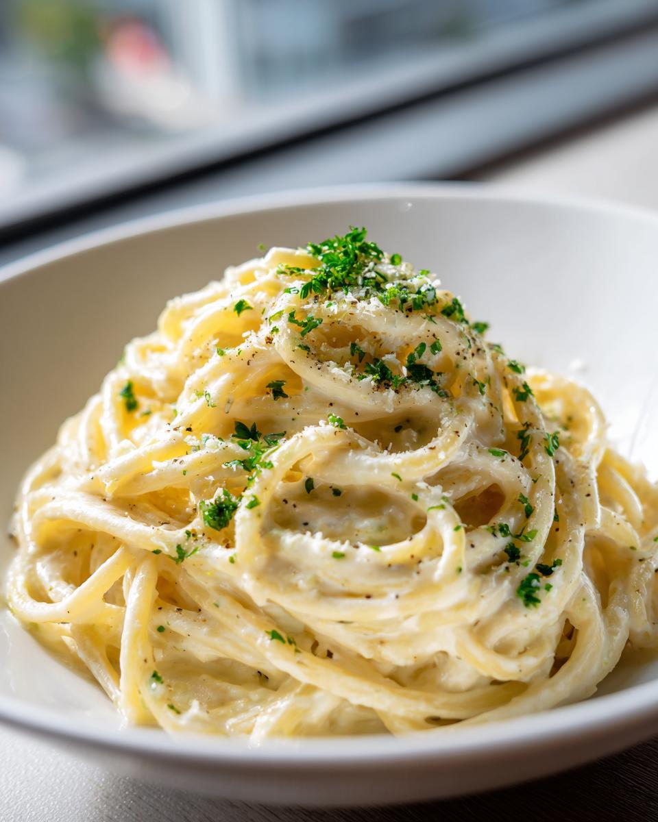 Close-up of creamy pasta coated in a rich garlic parmesan sauce, topped with fresh parsley and black pepper.
