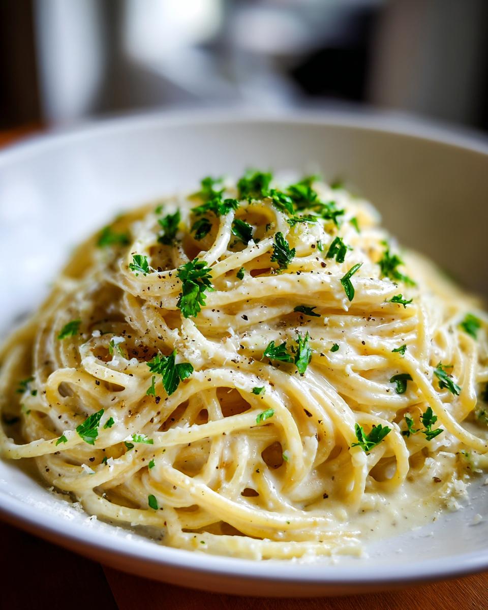 Close-up of creamy garlic parmesan spaghetti tossed in a rich white sauce, topped with fresh parsley and black pepper.