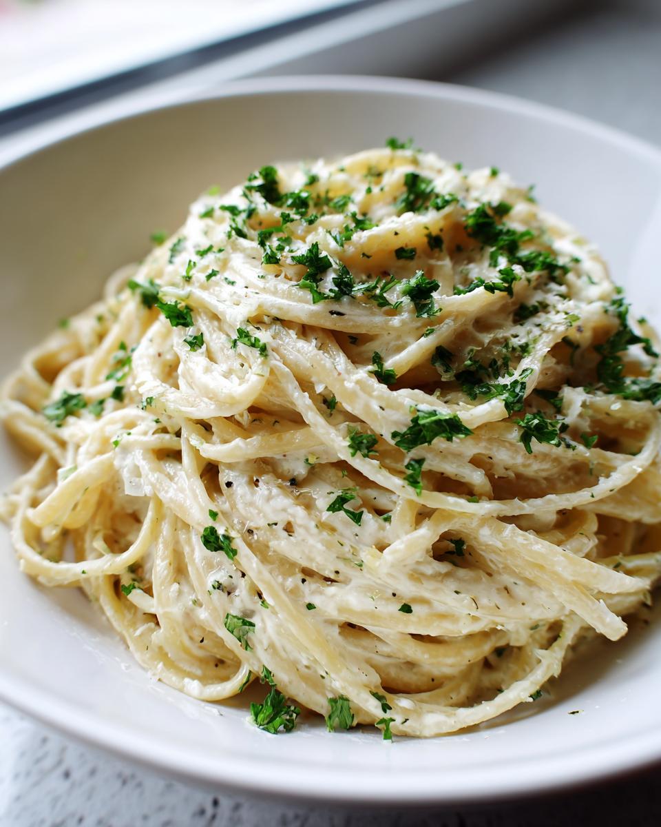 Close-up of creamy garlic parmesan pasta tossed in a rich white sauce and topped with fresh chopped parsley.