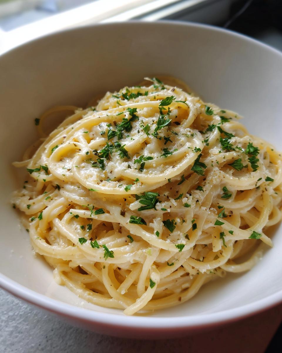 Close-up of creamy garlic parmesan spaghetti tossed in a white bowl and topped with fresh parsley.