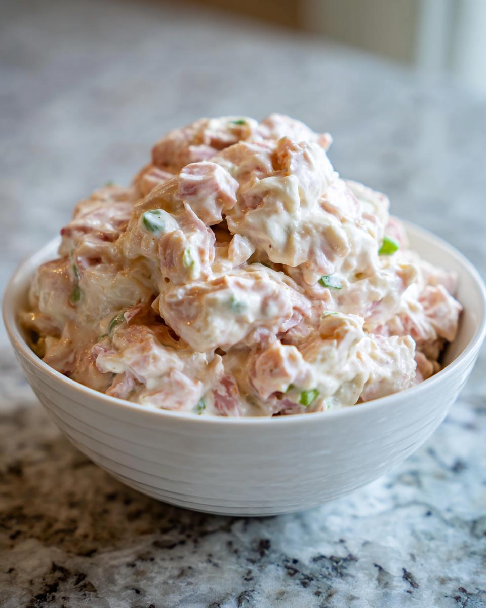 A close-up of a generous serving of creamy ham salad recipe mixed with green onions in a white bowl.