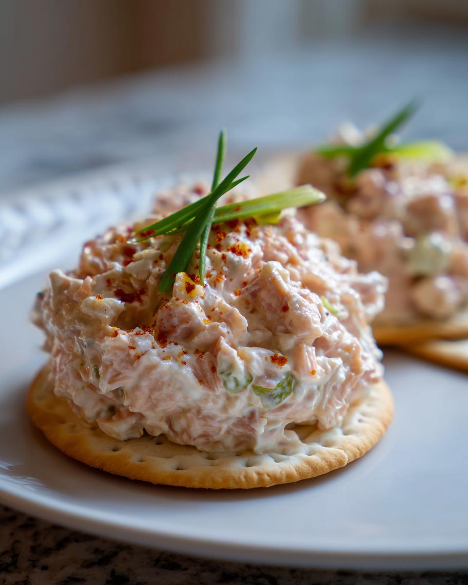 Close-up of creamy ham salad recipe piled high on a round cracker, garnished with chives and paprika.