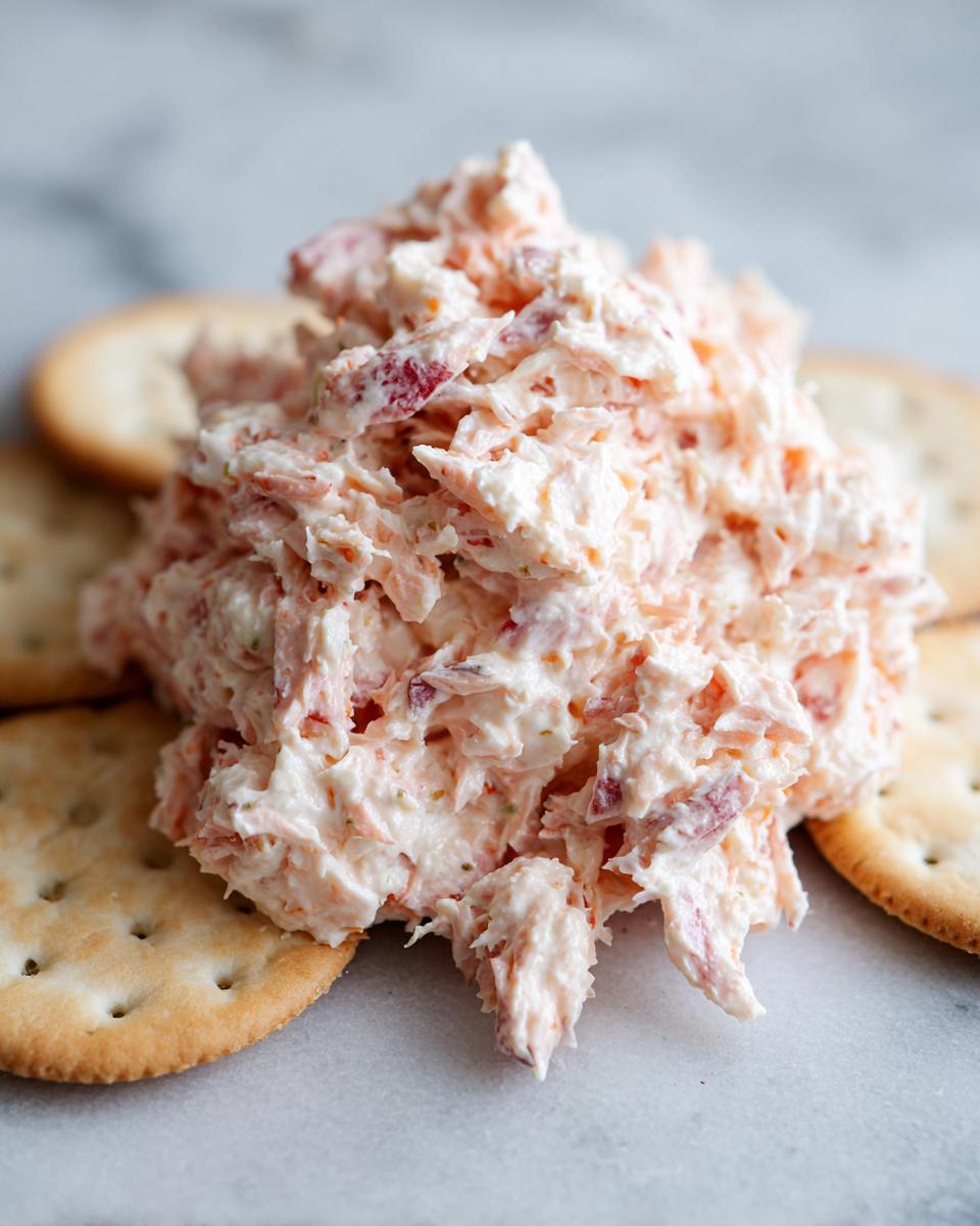 A mound of creamy, pinkish ham salad recipe served on round crackers on a white marble surface.