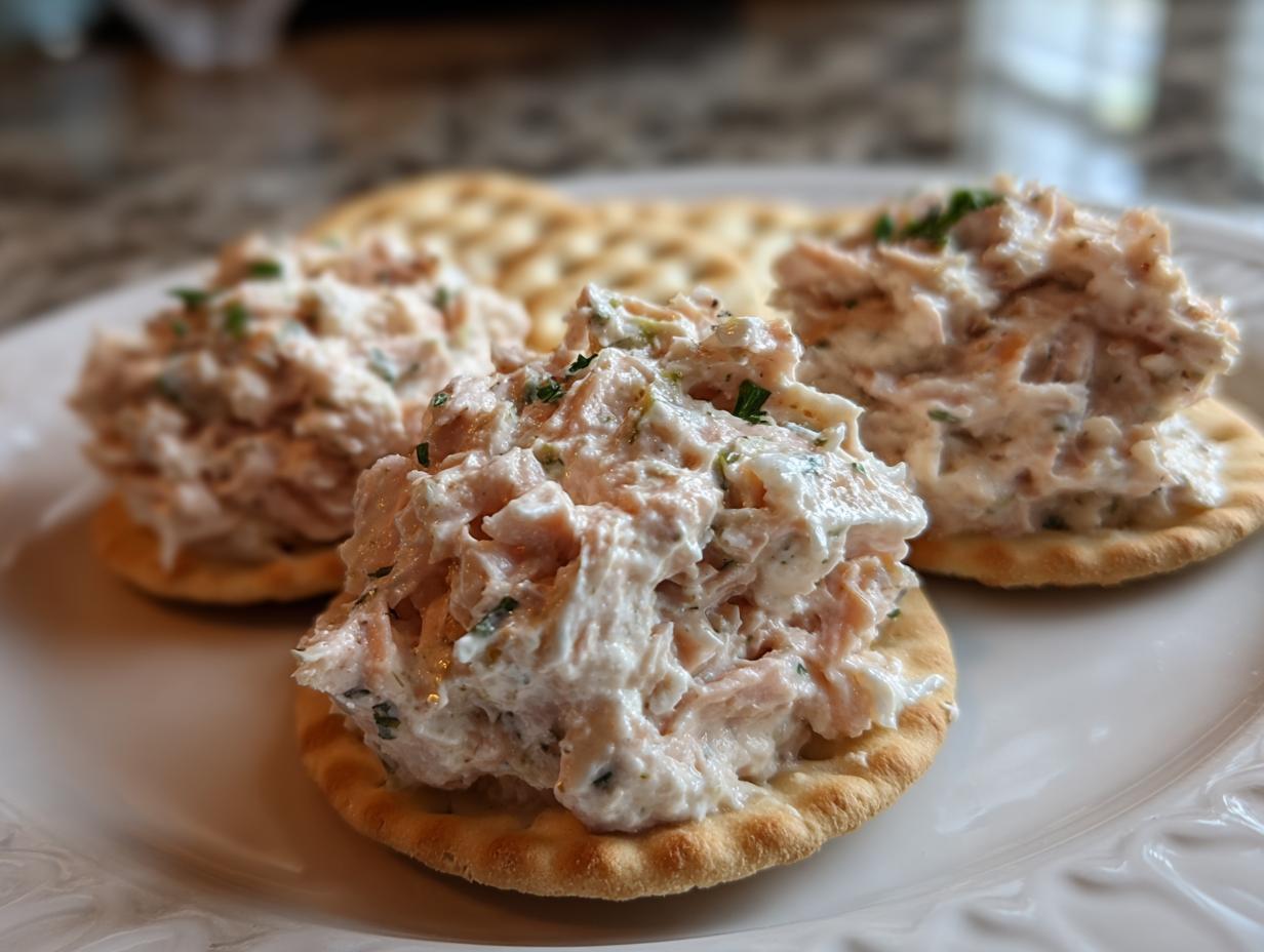 Three servings of creamy ham salad recipe piled high on round crackers, garnished with herbs, on a white plate.