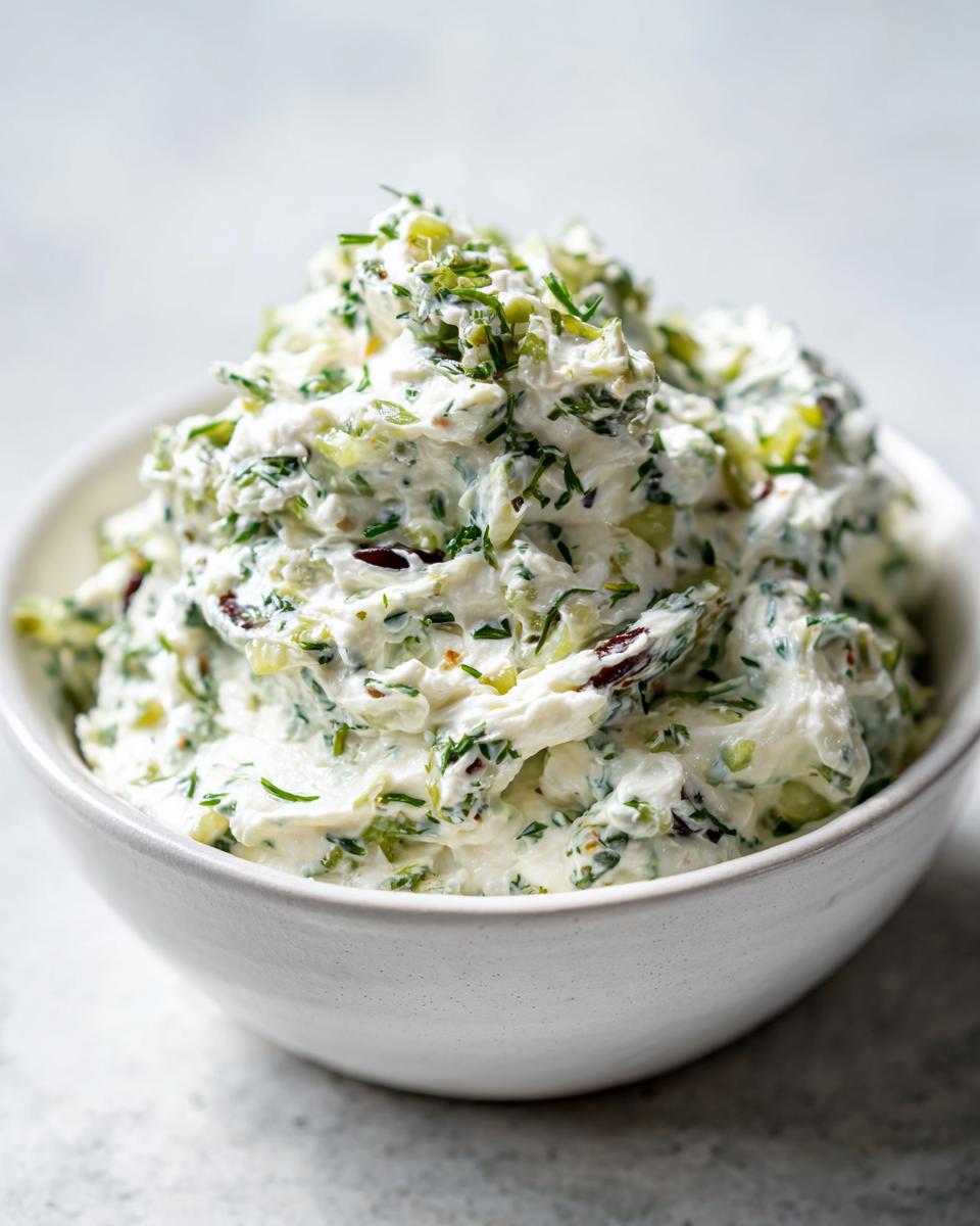 Close-up of a creamy, white olive dip mixture generously piled in a white bowl, flecked with green herbs and dark olive pieces.