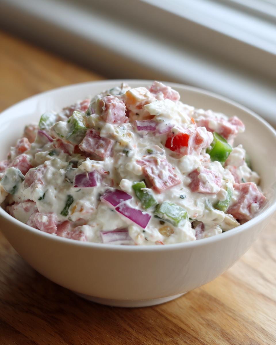 Close-up of creamy hoagie dip loaded with diced ham, red onion, and green peppers in a white bowl.