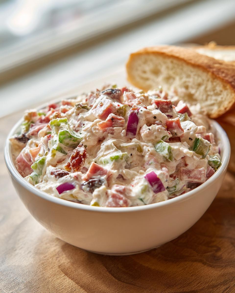 Close-up of a creamy hoagie dip loaded with chopped meats and vegetables, served with a slice of crusty bread.