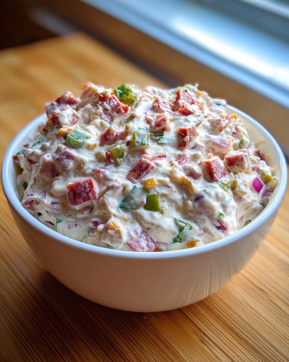 A close-up of creamy, chunky hoagie dip filled with diced meats and peppers in a white bowl.
