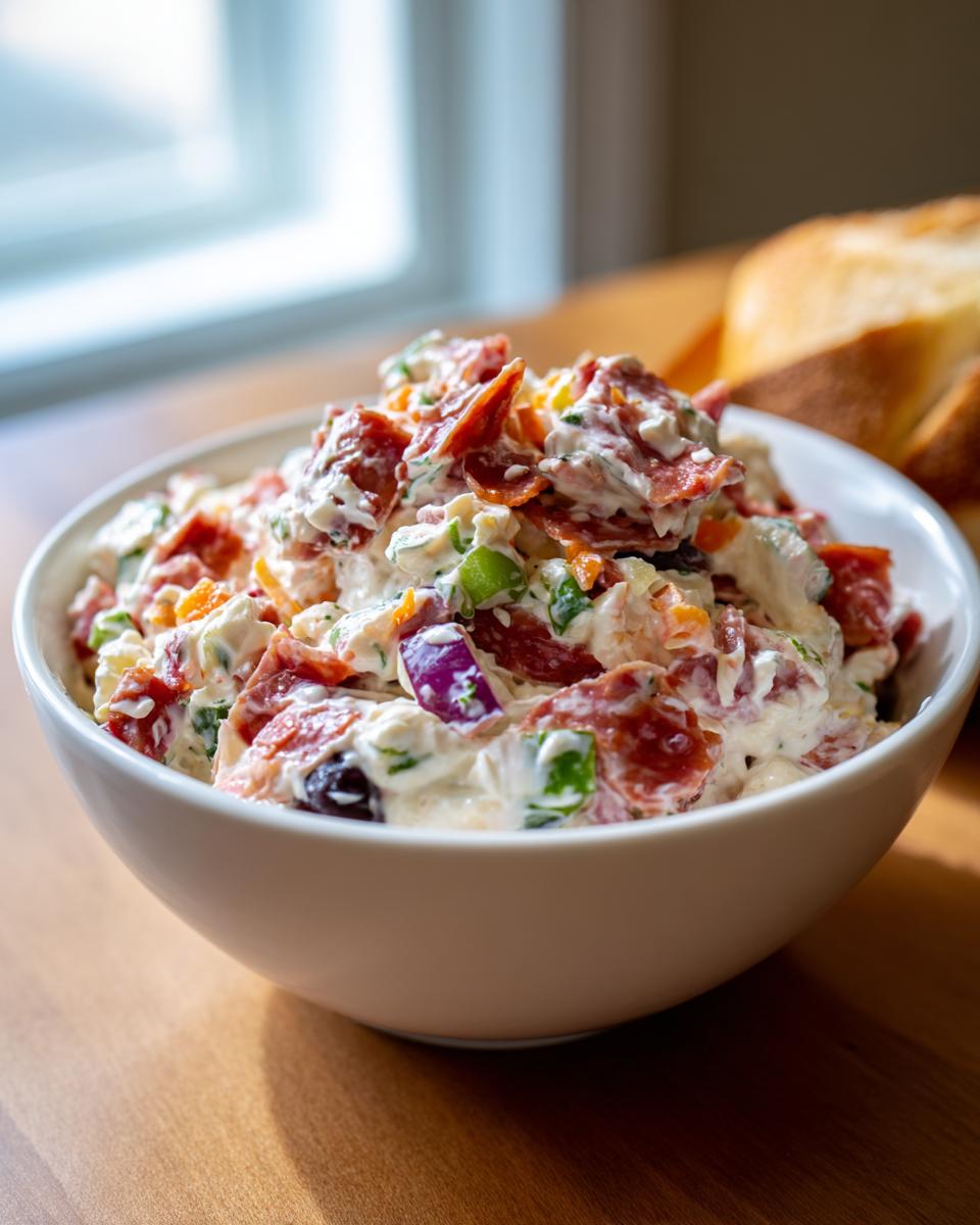 Close-up of a creamy hoagie dip loaded with deli meats, cheese, and vegetables in a white bowl.