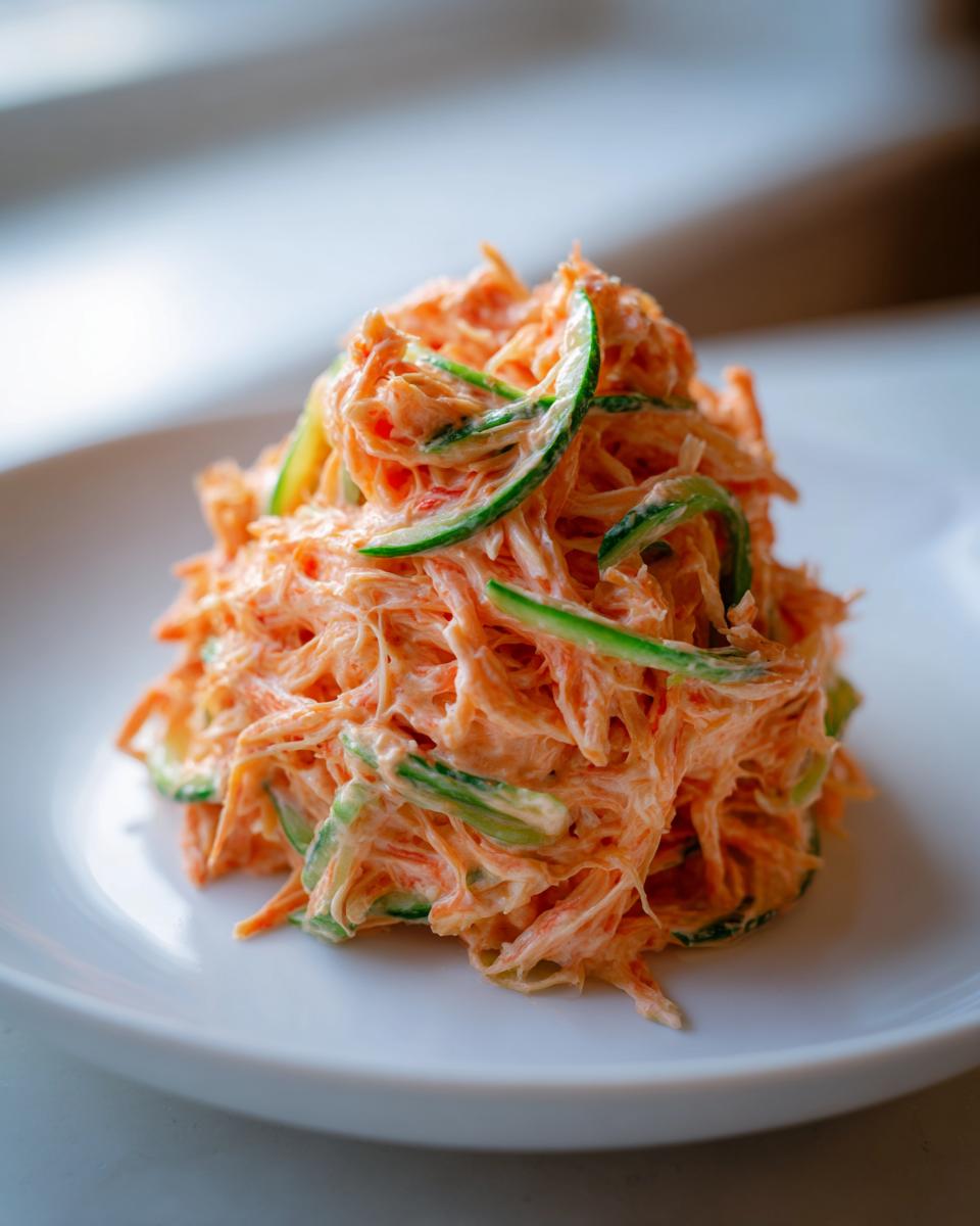 A mound of creamy, shredded kani salad mixed with thin slices of green cucumber served on a white plate.
