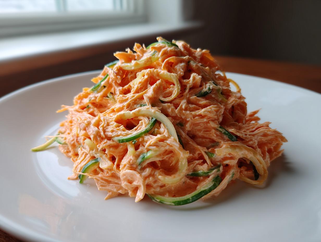 A mound of creamy, shredded orange kani salad mixed with thin green cucumber ribbons, served on a white plate.