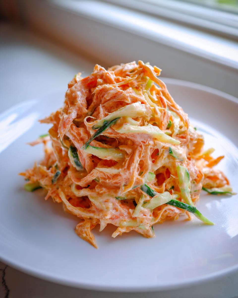A mound of creamy kani salad made with shredded imitation crab, carrots, and cucumber on a white plate.