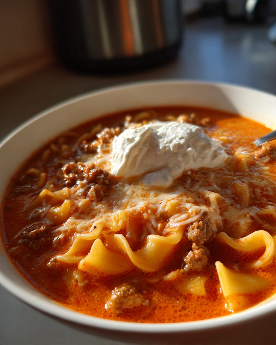 Close-up of a hearty bowl of creamy lasagna soup featuring rich broth, meat, noodles, melted cheese, and a dollop of sour cream.