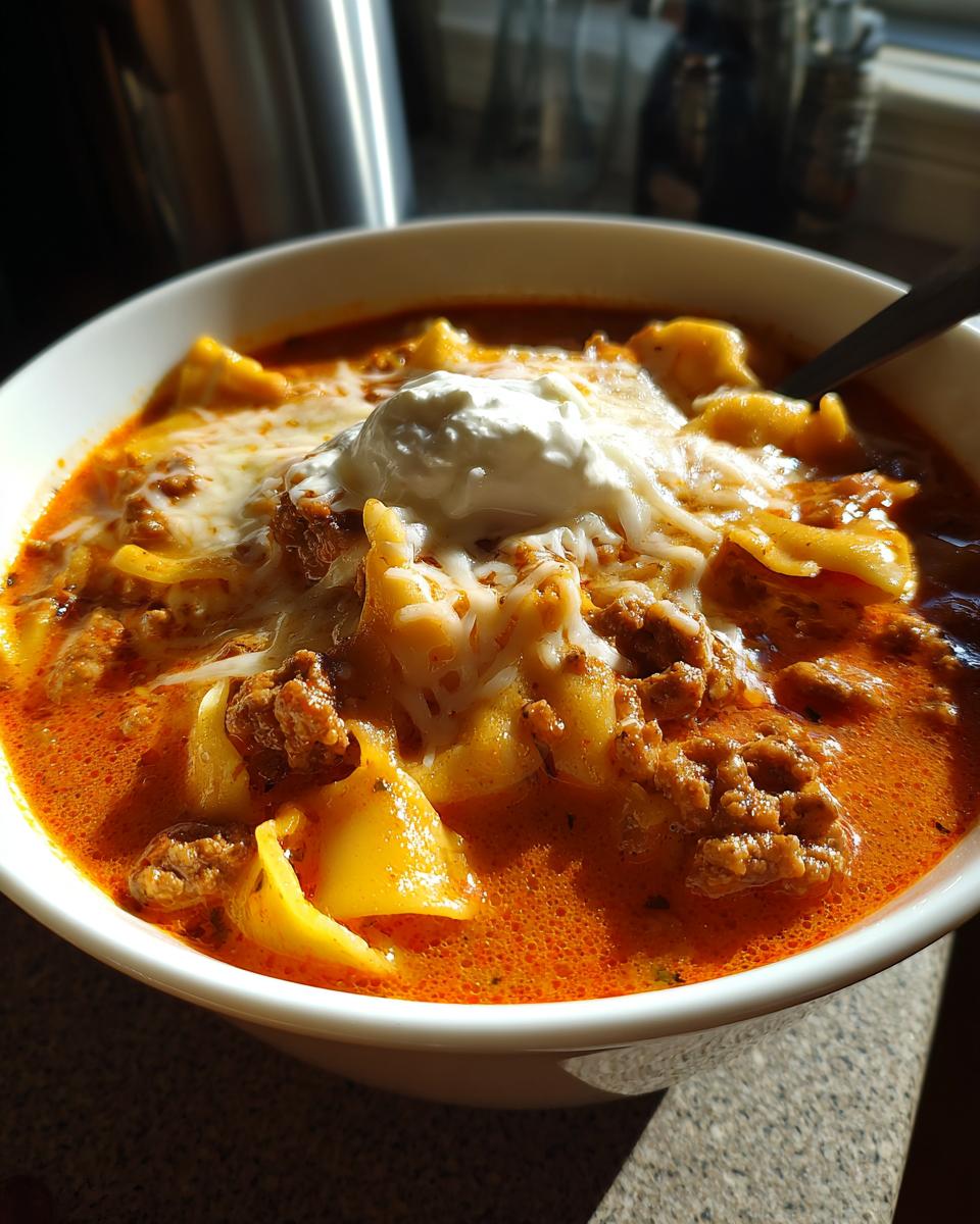 Close-up of a white bowl filled with rich, orange broth, pasta pieces, ground meat, melted cheese, and a dollop of sour cream, representing creamy lasagna soup.