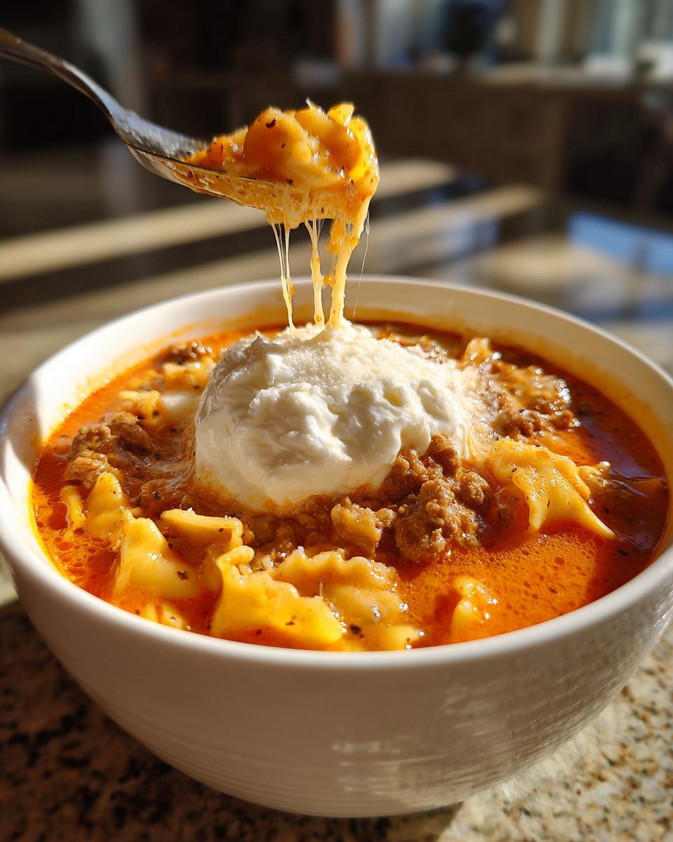 A spoonful of creamy lasagna soup showing a dramatic cheese pull over a bowl topped with ricotta and parmesan.