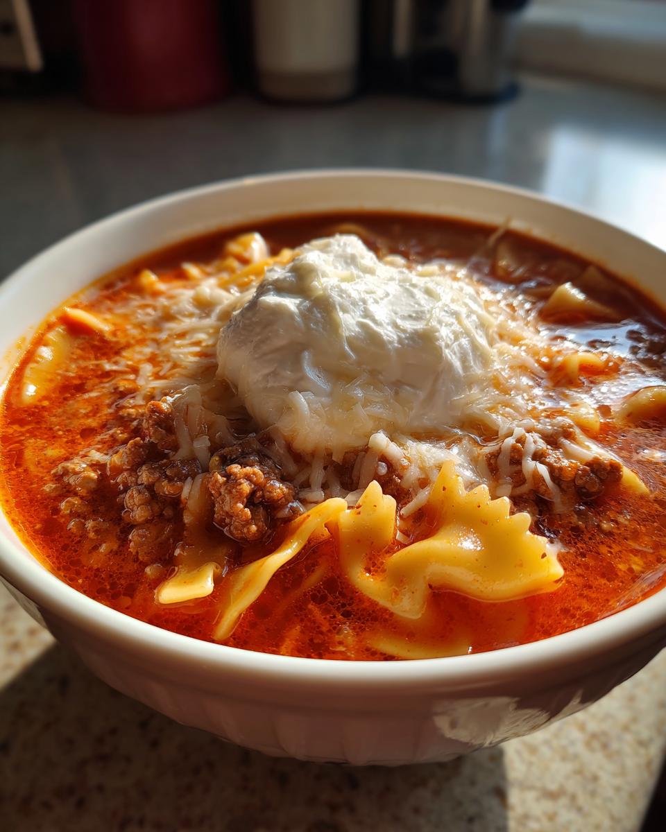 A close-up of a bowl of rich, red creamy lasagna soup topped with ground meat, shredded cheese, and a dollop of ricotta cheese.
