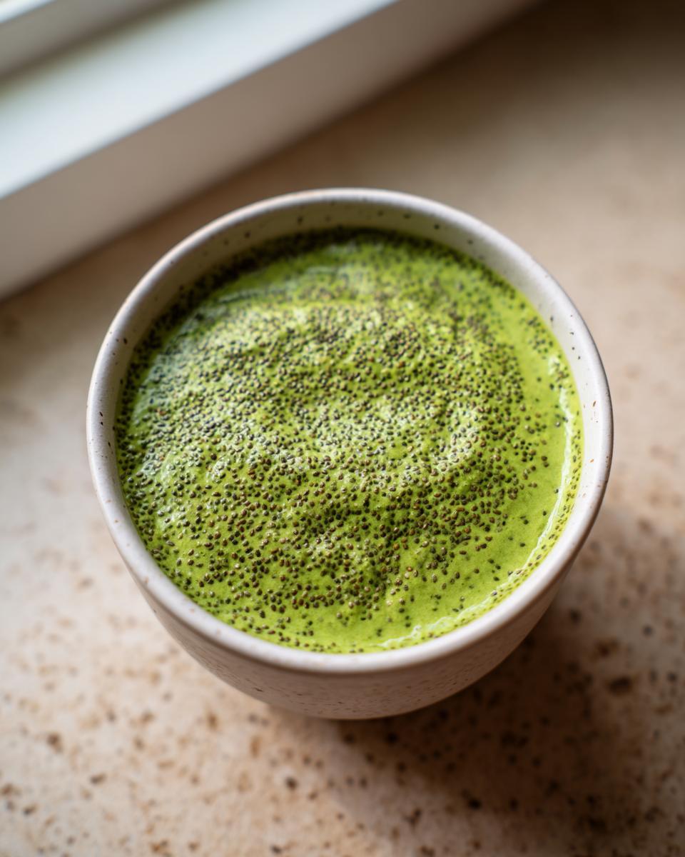 Overhead shot of creamy, bright green matcha chia pudding topped generously with chia seeds in a light speckled bowl.
