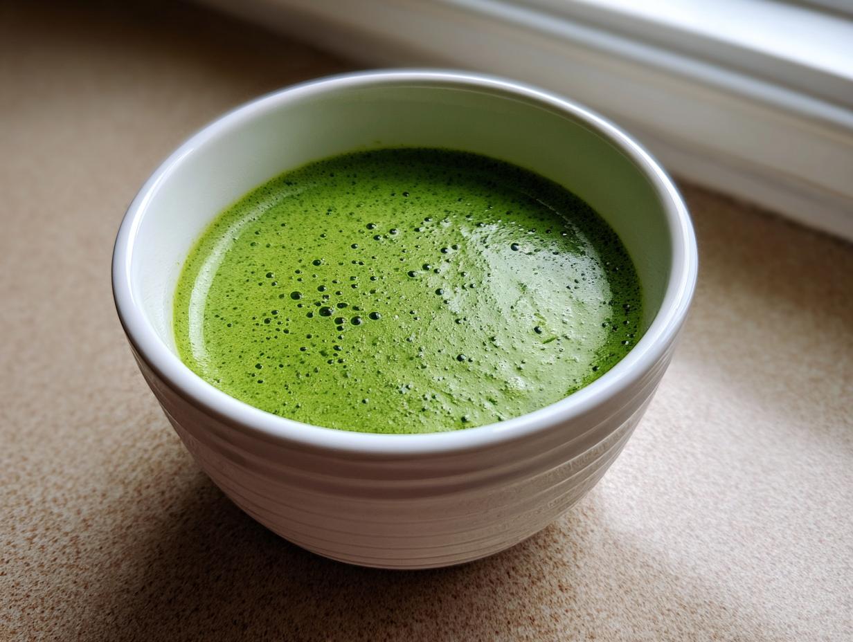 Close-up of creamy matcha chia pudding with a bright green, frothy top in a white bowl.