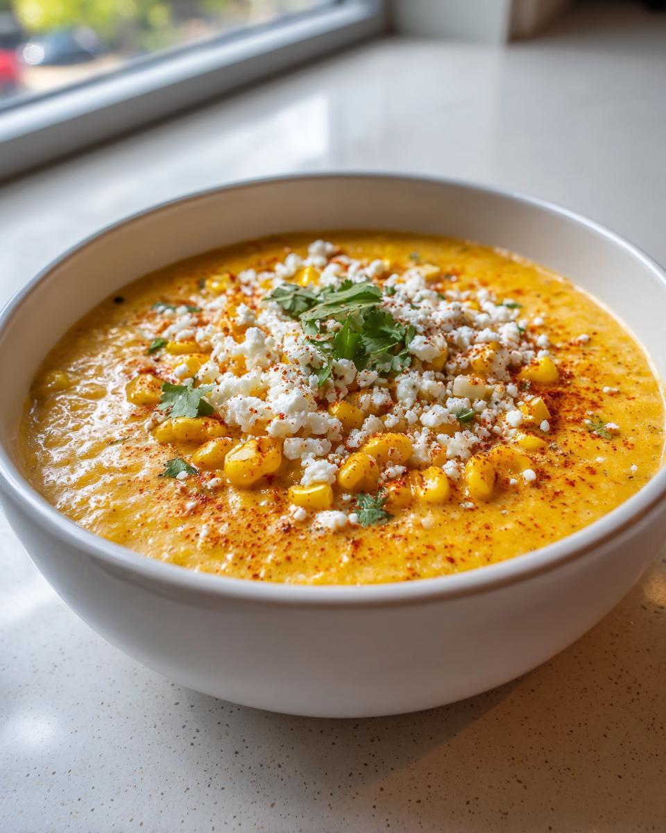 A close-up of a white bowl filled with creamy, bright yellow mexican street corn soup, topped with cotija cheese, chili powder, and cilantro.