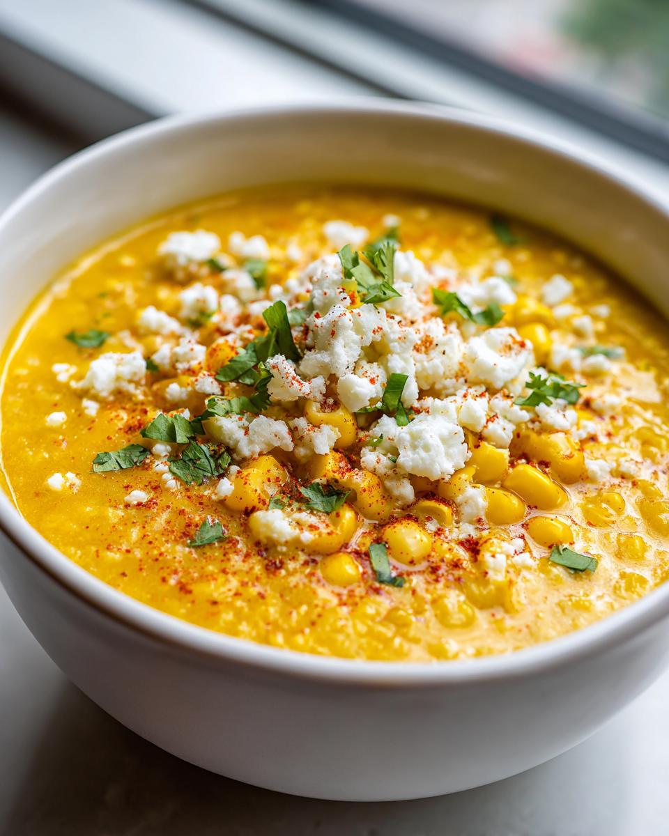 Close-up of creamy mexican street corn soup topped with crumbled white cheese, chili powder, and cilantro.