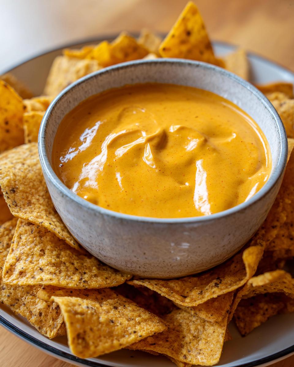 A bowl of creamy, orange homemade nacho cheese sauce surrounded by crispy tortilla chips.