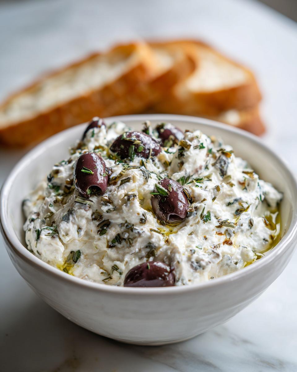 Close-up of a white bowl filled with creamy olive dip, topped with whole Kalamata olives and fresh herbs.
