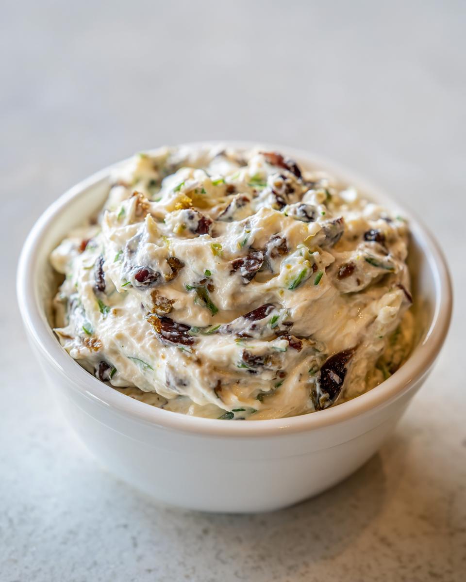 Close-up of a creamy, textured olive dip mixed with dark olive pieces and green herbs in a white serving bowl.