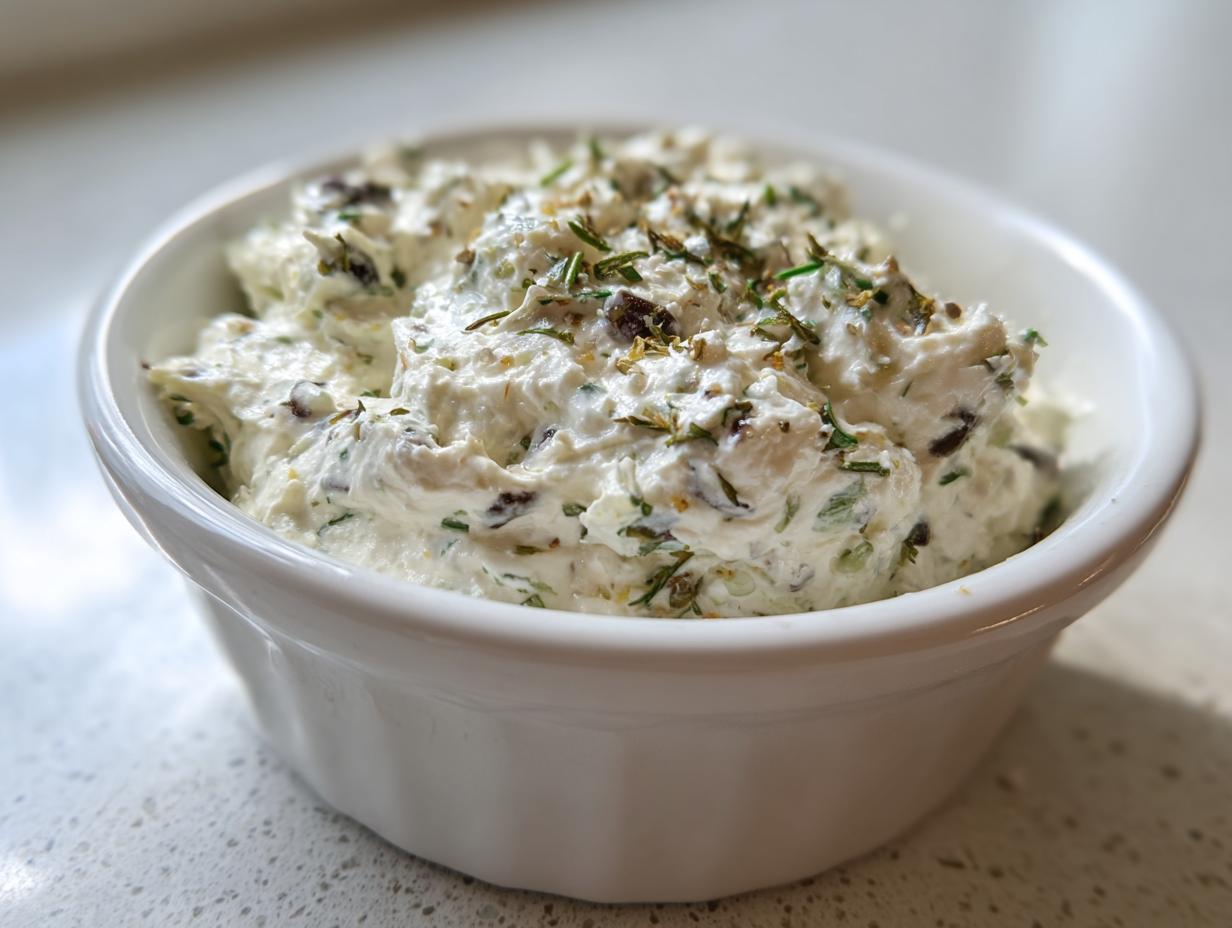 Close-up of a creamy white olive dip mixed with herbs and dark olive pieces in a small white bowl.