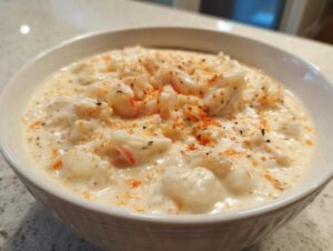 Close-up of a white bowl filled with rich, creamy crab soup topped generously with flaked crab meat and seasoning.